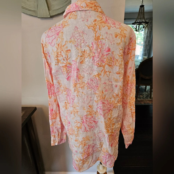 J. Jill Size Small Blouse 100% Linen Button Up Long Sleeve Coral Print Lagenlook - Picture 4 of 9